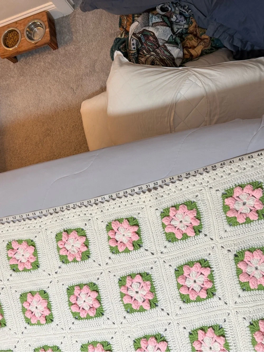 Hand Crocheted White Puffy Floral Granny Square Blanket 62 x 42.5” w Free Pillow